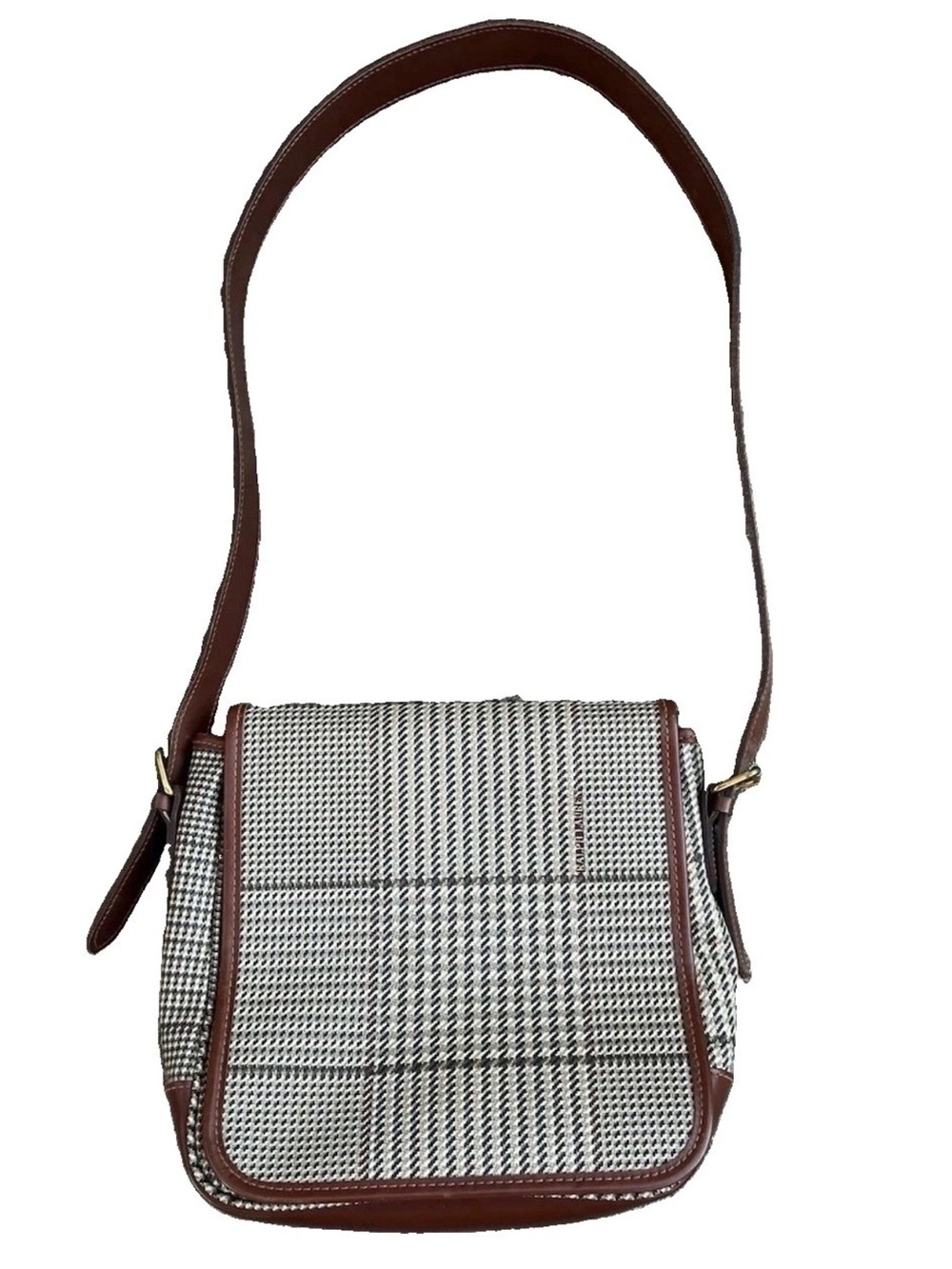 VTG 90s Ralph Lauren Houndstooth Tweed Leather Crossbody Bag Fall Dark Academia